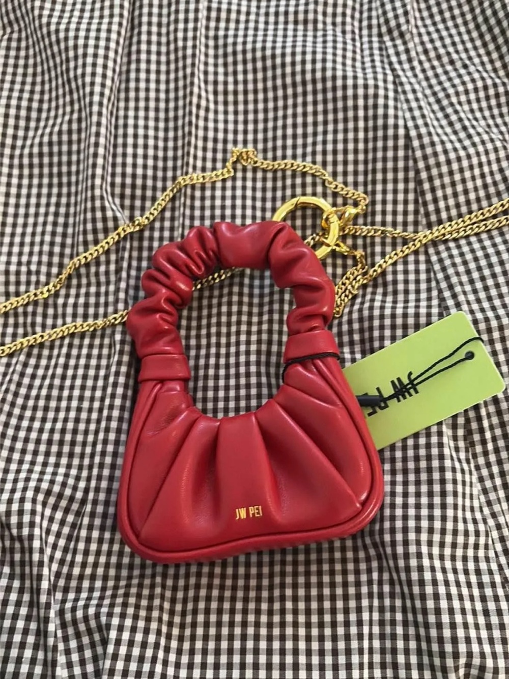 JW PEI Red Mini Ruched Handle Crossbody Bag with Gold Chain